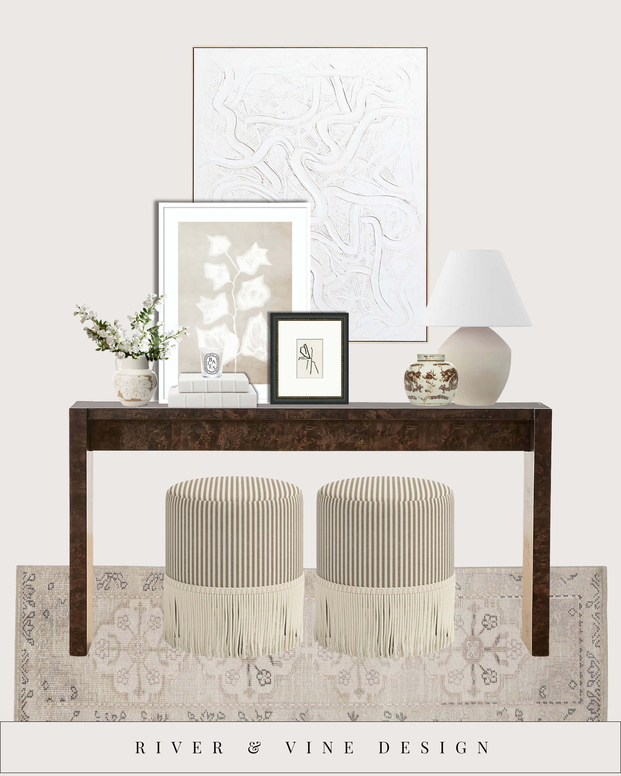 This is your sign to stop overthinking console styling ✨

One good anchor (the console), a little layering moment (art leaning > art hung), and suddenly the whole room feels intentional. Add stools underneath and you’ve unlocked bonus points: extra seating and visual weight without clutter.

Design tip you’ll actually use: consoles look best when styled in odd numbers + varied heights. Tall art in back, medium lamp, small objects up front = effortless balance every time.

Tap to shop the pieces that make this look work — your entryway is begging for a glow-up 😌 

 #LTKHome