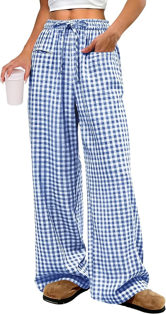 ANRABESS Womens Striped Gingham Pants 2026 Pajama Drawstring Wide Leg Lounge Plaid Pants Cute Cas... | Amazon (US)