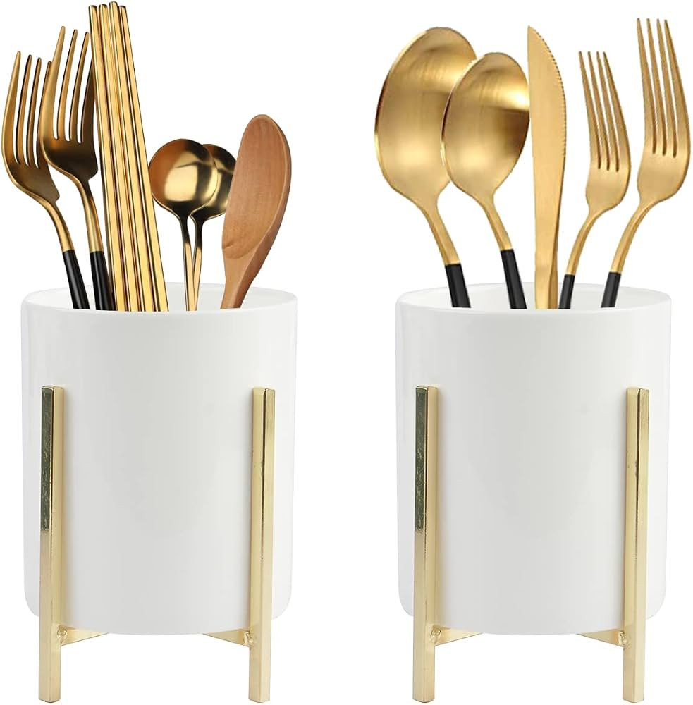 Kitchen Cooking Utensil Holder, 2 Pcs Ceramic Flatware Caddy with Gold Metal Bracket, Chic & Mode... | Amazon (US)