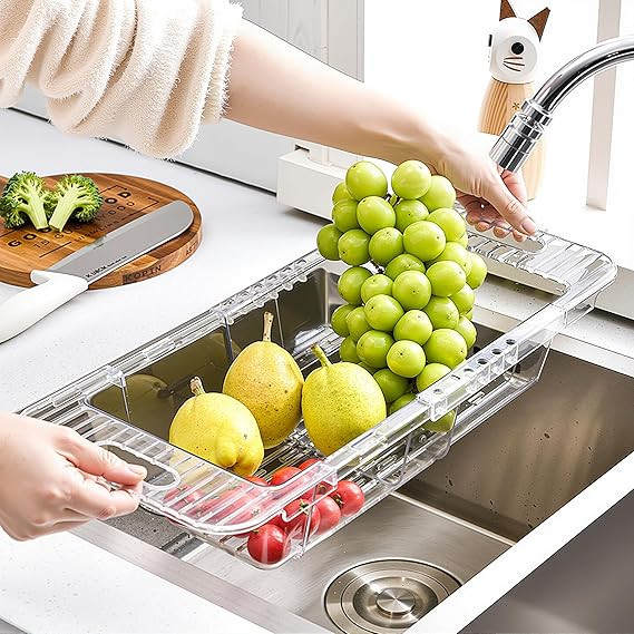 Over The Sink Colander and Strainers Basket Extendable Plastic Fruit and Vegetable Washer Colande... | Amazon (US)