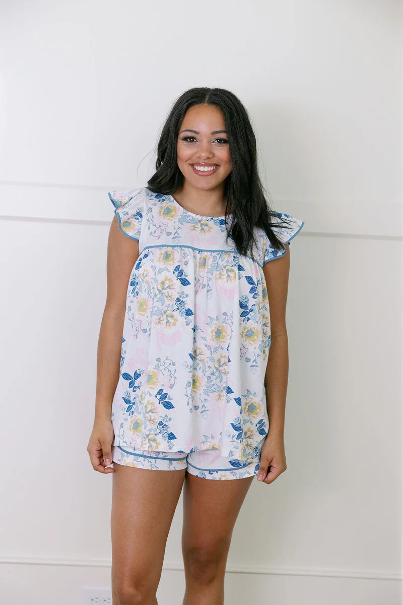 Ruffle Tank and Shorts Set in Posy with Mystic Trim | Beverly Drive