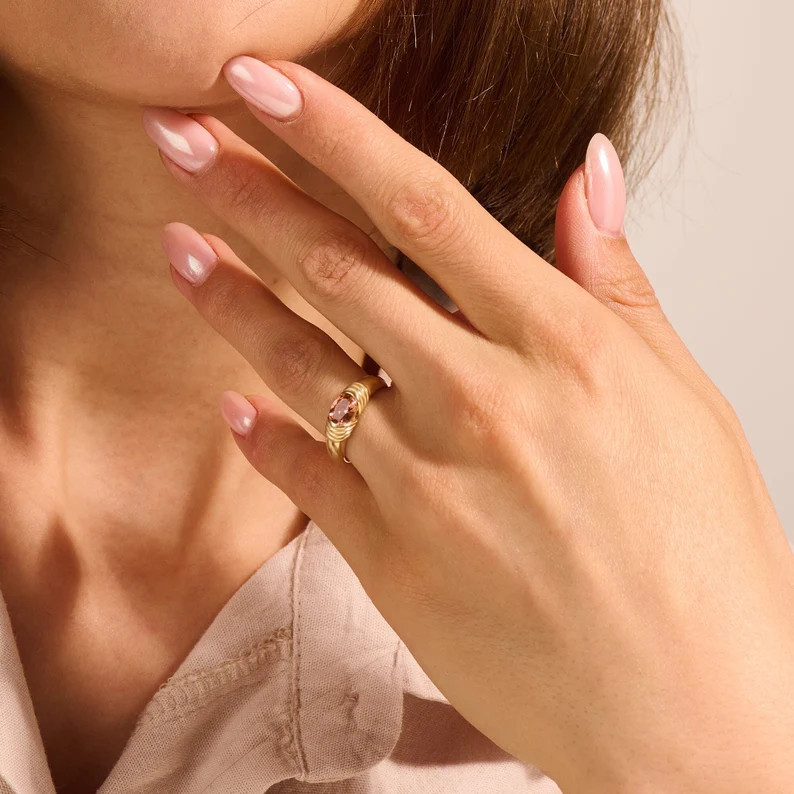 14K Solid Gold Padparadscha Sapphire Ring – Oval Dome Gemstone Ring | Etsy (US)