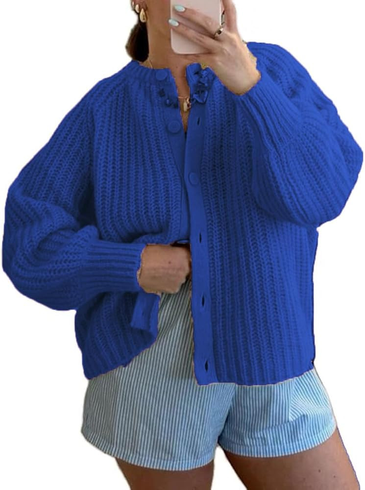 Women Button Down Cardigan Sweater Long Sleeve Chunky Cardigan Top Casual Knit Jacket Fall Winter... | Amazon (US)