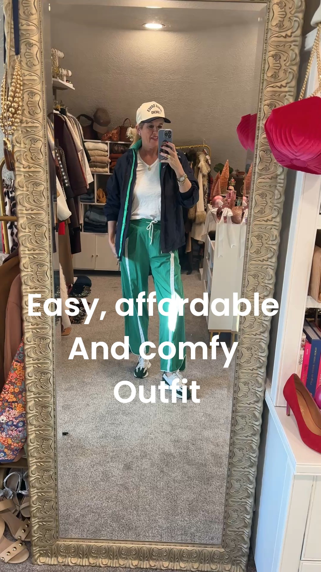 Easy, affordable and comfy
Outfit  perfect for travel, errands, sports games. 
Sporty. Casual and weekend perfect.

A great winter jacket you’ll wear all season long.. fleece lined med weight coat. Tts comes in several colors sizes from xsm to xxlg  tts in a med.

Green and white track type pants with elastic band tie detail
And has pockets. These are an inspired by pant. Tts 
In a med  

White v-neck  flowy tee a favorite of mine. Chicos tts in a small (0)

New balance 327 sneakers tts 

Jesus saves baseball cap by funky Junk 

Initial necklace Anthro 

Manufactured Diamond studs earrings 

All would be great gift ideas

#LTKActive #LTKOver40 #LTKootd