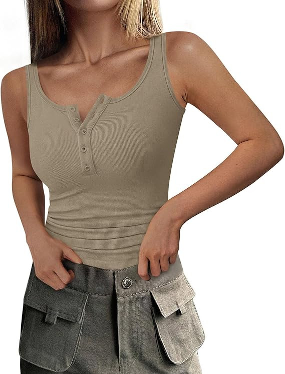 PRETTYGARDEN Womens 2026 Summer Tank Tops Ribbed Knit Slim Fit Sleeveless Henley Shirts Casual Ba... | Amazon (US)