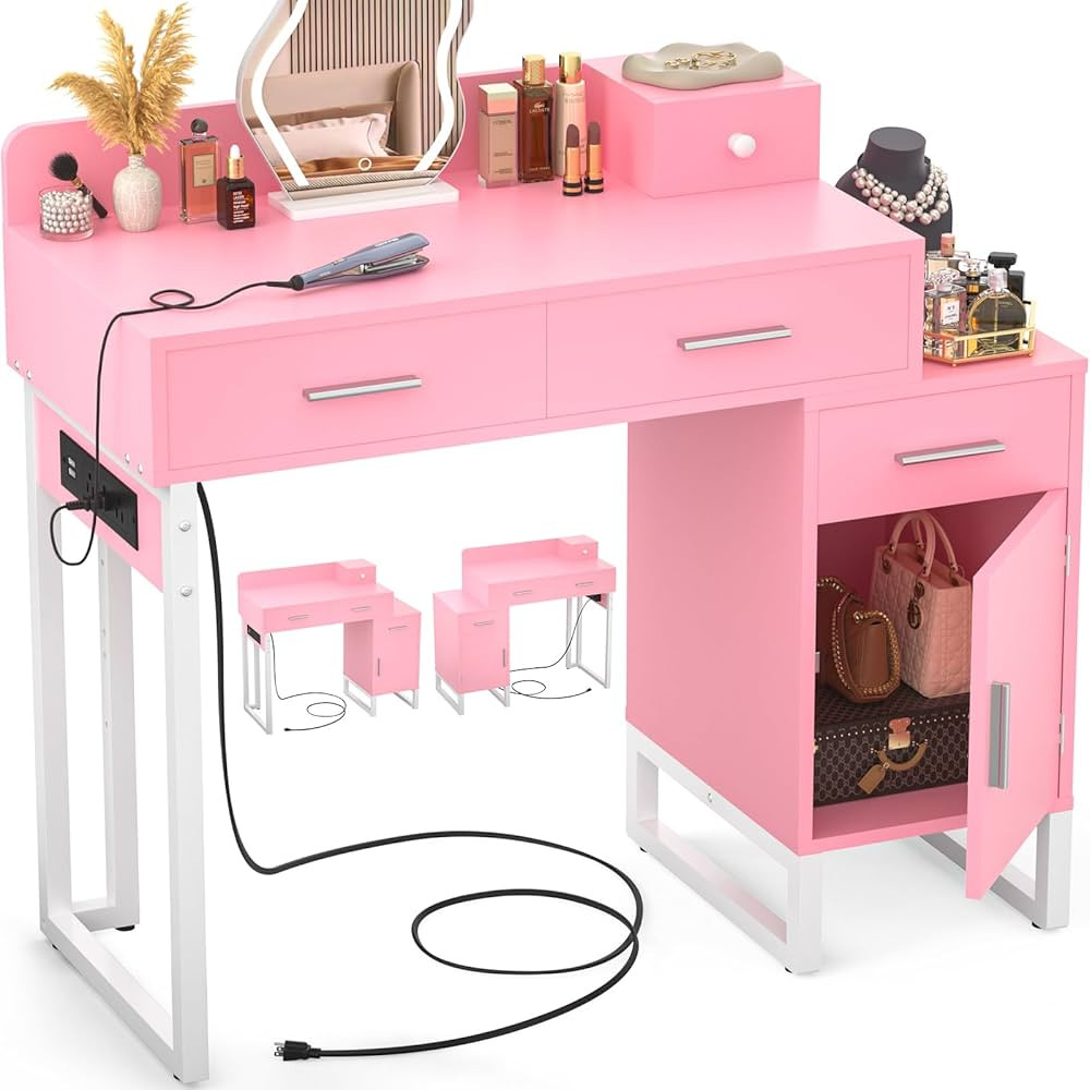 Vanity Desk with 4 Storage Drawers - Modern Makeup Vanity Table with Charging Station, Pink Vanit... | Amazon (US)