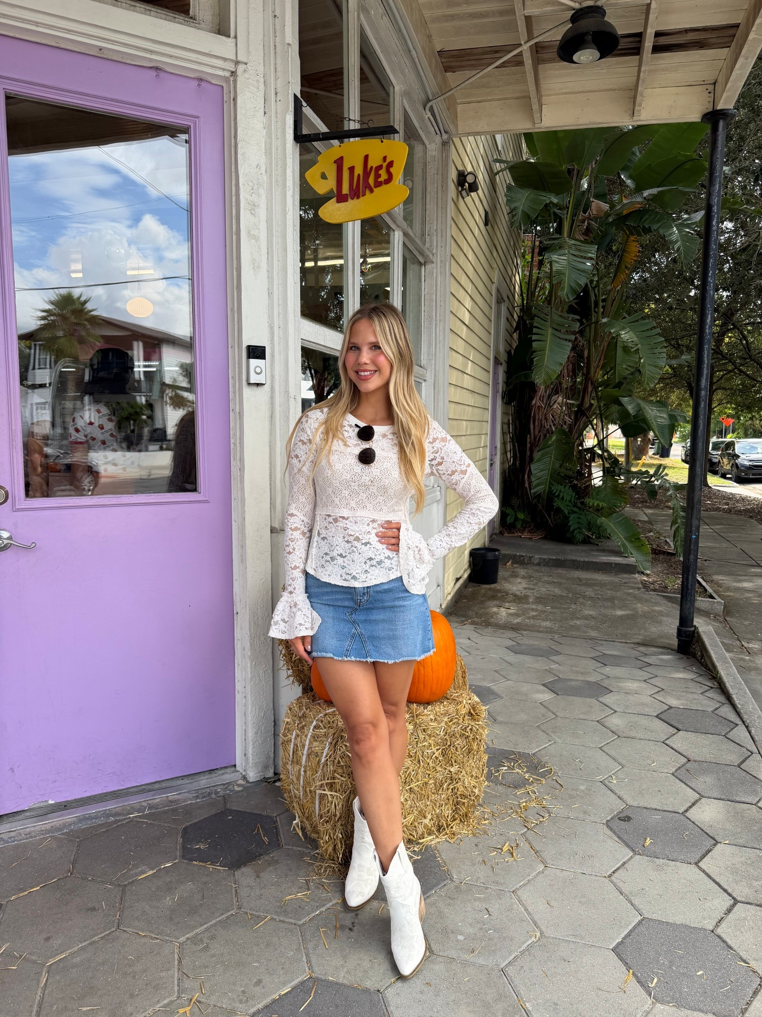 Florida Fall outfit with Free People Lace Belle Sleeve top and denim skirt with cowboy boots for a perfect transitional fall outfit // Gilmore Girls Cafe 

#LTKStyleTip #LTKSeasonal