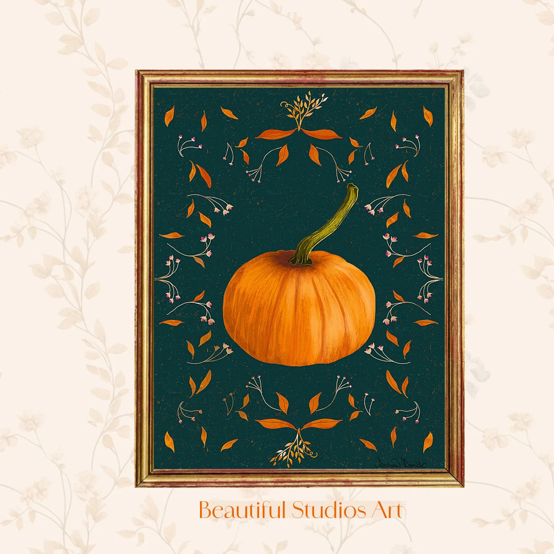 Autumn Pumpkin Vintage Printable Wall Art, Dark Moody Pumpkin Print, Cottagecore Fall Wall Art, V... | Etsy (US)