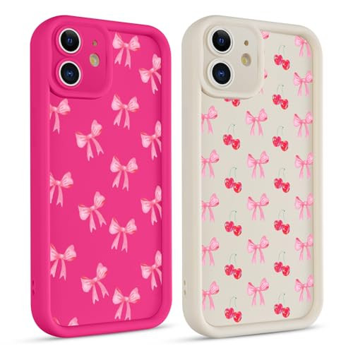 lioscre 2 Pack Cute Coquette Bow Phone Case for iPhone 11 6.1", Aesthetic Pink Cherry Ribbon Bowknot Pattern Print Design Women Girls Case Soft Slim Shockproof TPU Protective Funda Cover | Amazon (US)