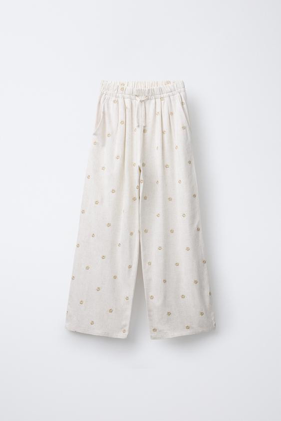 EMBROIDERED FLORAL WIDE LEG LINEN PANTS | Zara US