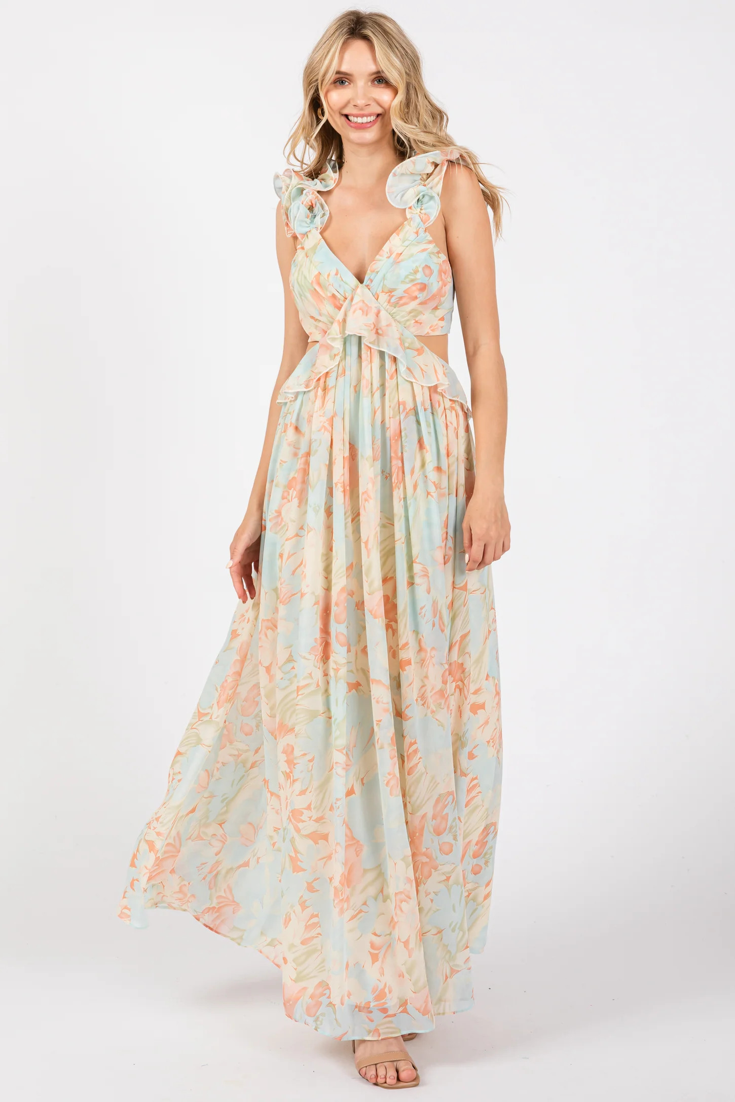 Mint Green Floral Ruffle Accent Cutout Gown | PinkBlush Maternity