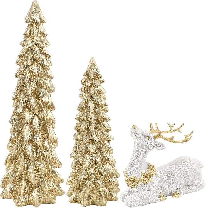 3 Pack Christmas Trees and Reindeer Figurines Decoration- 2 Glittered Christmas Tree Statues and ... | Amazon (US)