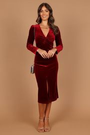 Lisse Twist Front Long Sleeve Velvet Midi Dress - Wine | Petal & Pup (US)