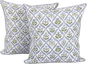 Ridhi Light Steel Blue Block Print Cotton Throw Pillow Covers for Decorative Couch Pillows for Li... | Amazon (US)