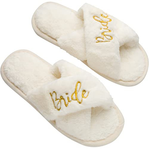 Bride Slippers - Bride Gifts for Bridal Shower, Bachelorette Party, Engagement Party, Wedding Day, etc. - Cozy White Fur Slippers with Gold Embroidery for Bride to Be (Medium) | Amazon (US)
