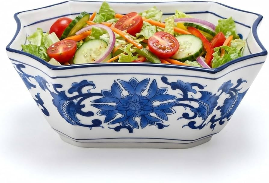 Blue and White Porcelain Serving Bowl, 7" Blue White Long Octagon Ceramic Sugar Candy Bowls, Frui... | Amazon (US)
