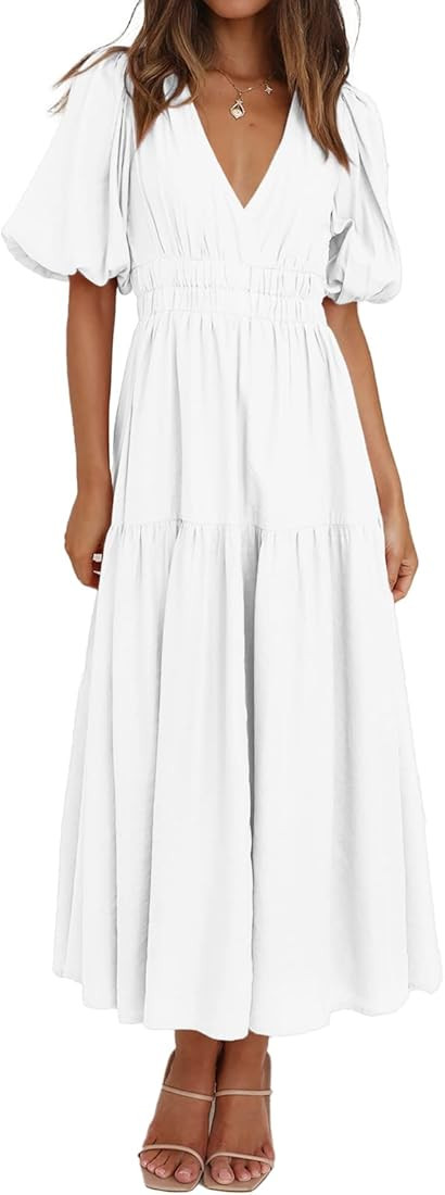 ISZPLUSH Women’s Midi Dress Sexy Deep V Neck Puffy Short Sleeve High Waist Flowy Swing Summer B... | Amazon (US)