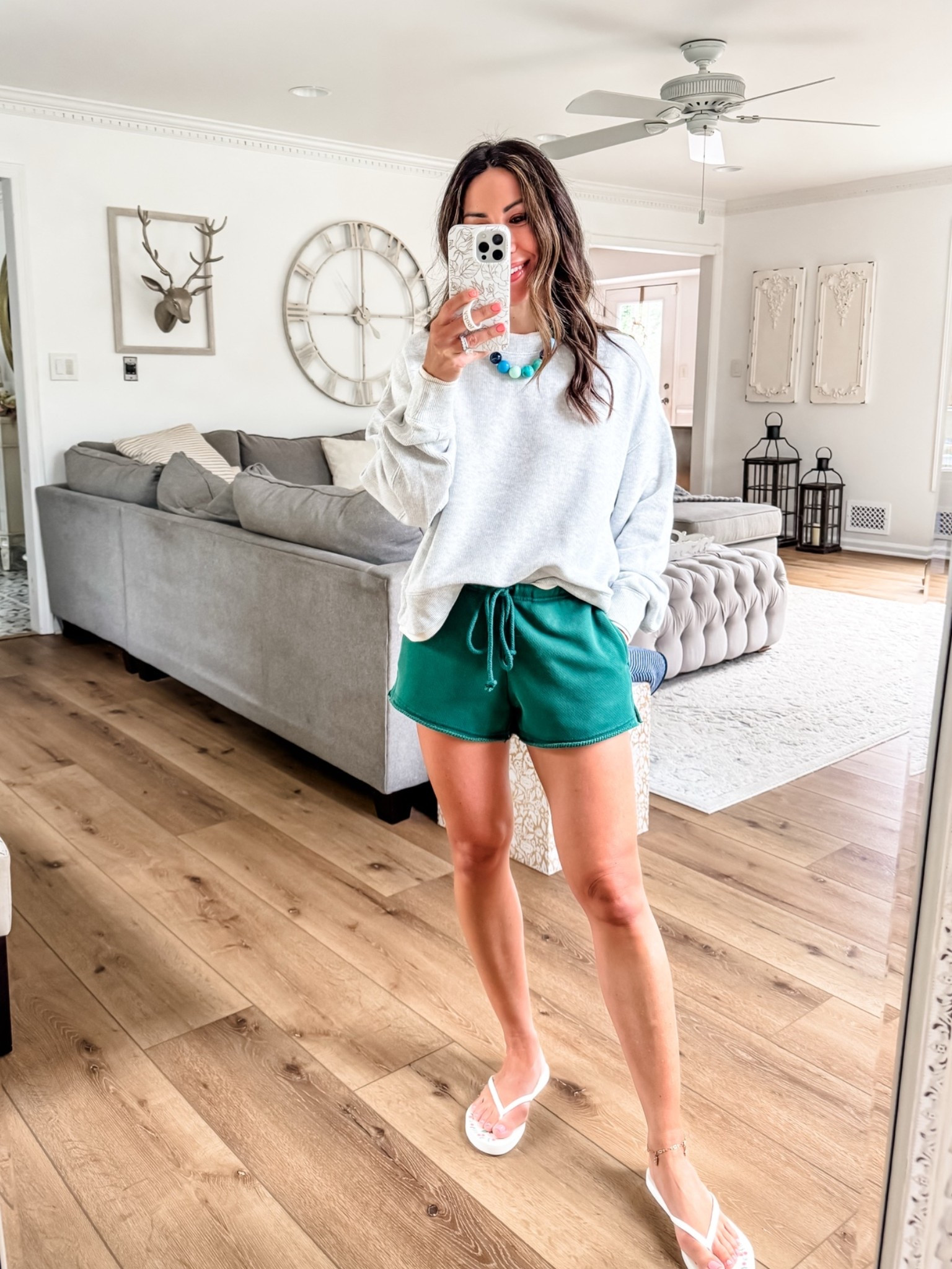 Small sweatshirt. Small green shorts.

#LTKOver40 #LTKSaleAlert