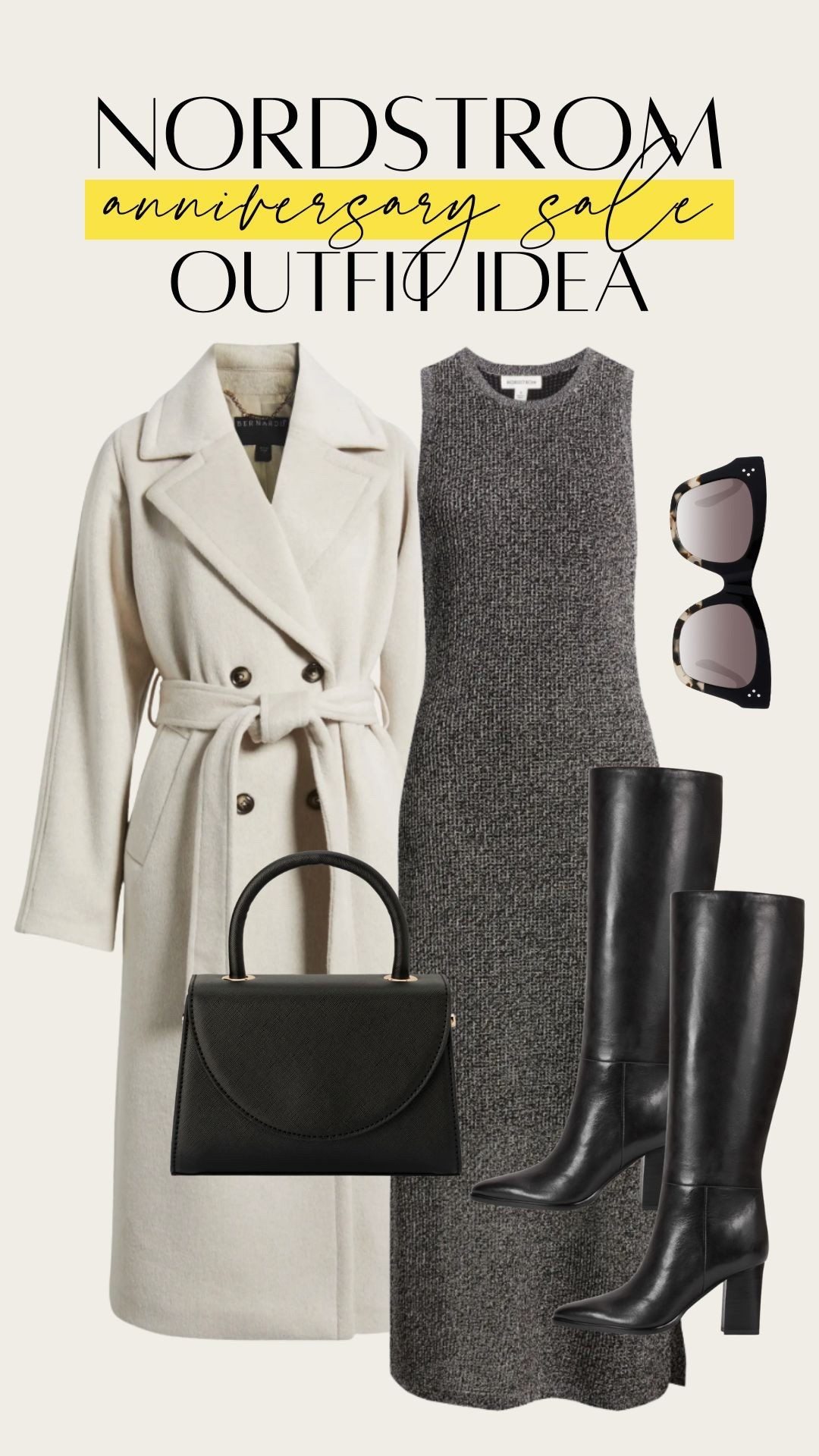 Fancy winter date night, can also be worn to work/office appropriate. These black leather knee high boots with a chunky heel are still comfy for walking but elevate the look. Paired with  great white/neutral wool coat. Nordstrom Anniversary Sale / NSALE 2025

#LTKShoeCrush #LTKSeasonal #LTKSaleAlert