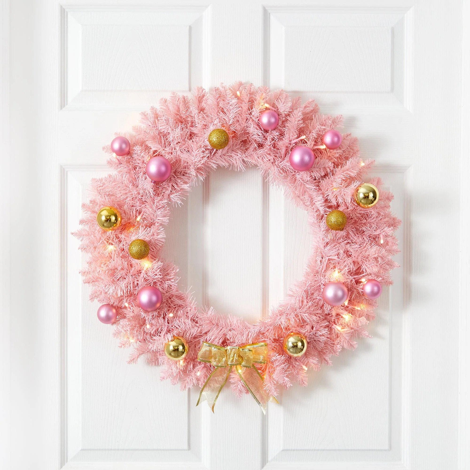 24” Pink Artificial Christmas Wreath with 35 LED Lights and Ornaments | Nearly Natural | Nearly Natural