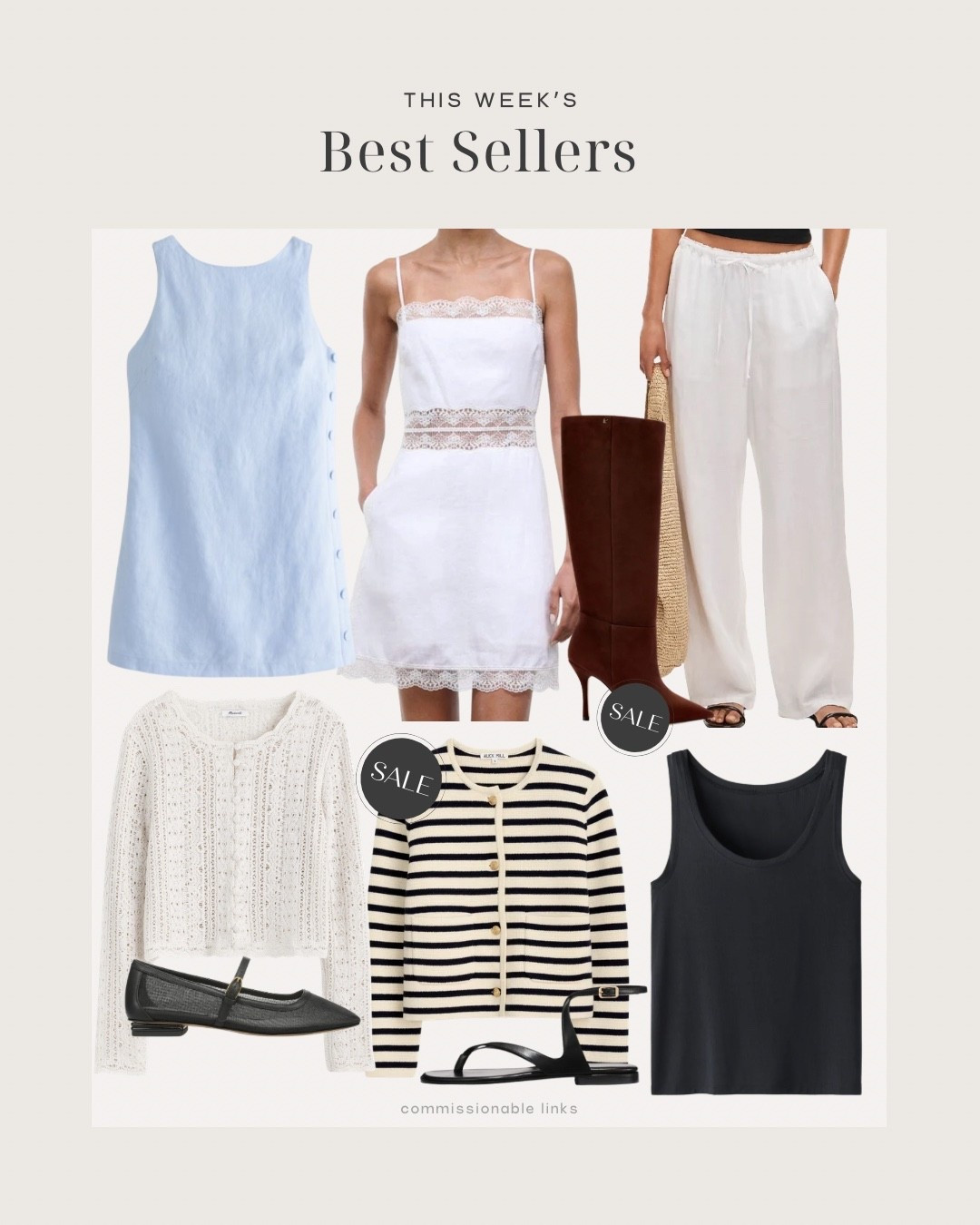 This week’s bestsellers! Lace mini dress, linen pants, linen dress, knit sweater, striped cardigan, tank, mesh ballet flats and sandals 
Boots on sale

#LTKSeasonal #LTKOver40 #LTKSaleAlert