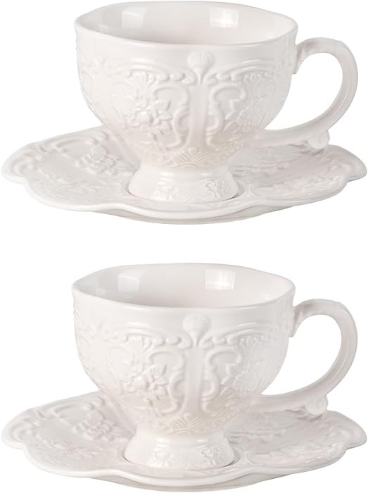 KAMMAK Tea Cups and Saucers Set of 2, Porcelain Coffee Cups, 7.8-Ounce Stackable Espresso Mugs, C... | Amazon (US)