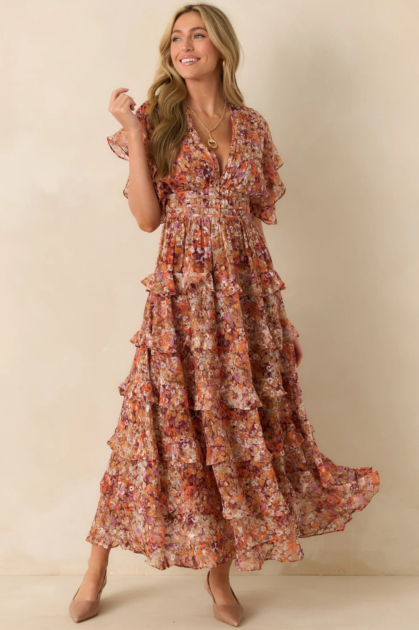 Room To Bloom Terracotta Multi Floral Print Ruffle Maxi Dress | Red Dress