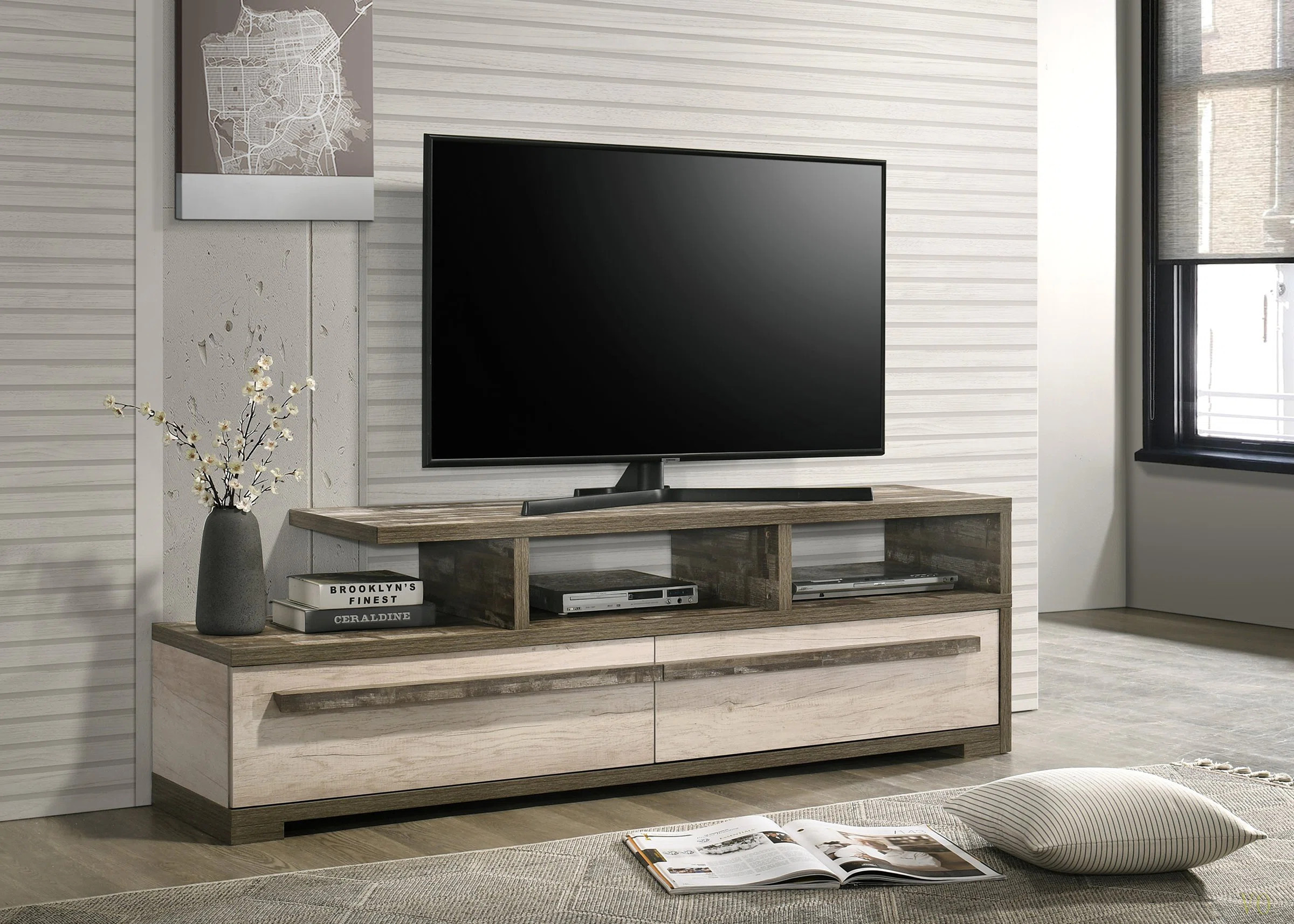 1Pc TV Stand Two-Tone Wood Finish Contemporary Open Shelving Spacious Drawers Concealed Storage W... | Wayfair North America