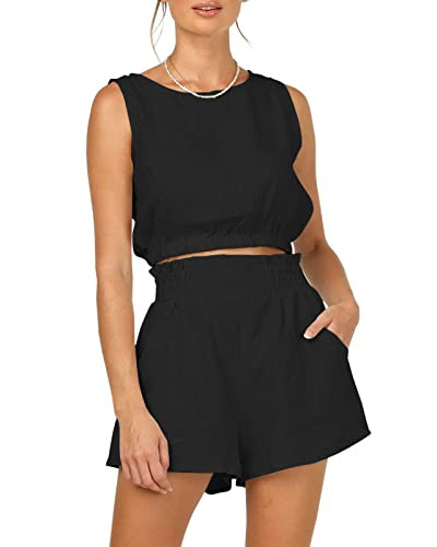 Trendy Queen Linen Clothes Vacation Summer Outfits for Women 2 Piece Sets Two Piece Set Matching Sleeveless Tank Top High Waisted Shorts with Pockets Black M | Amazon (US)