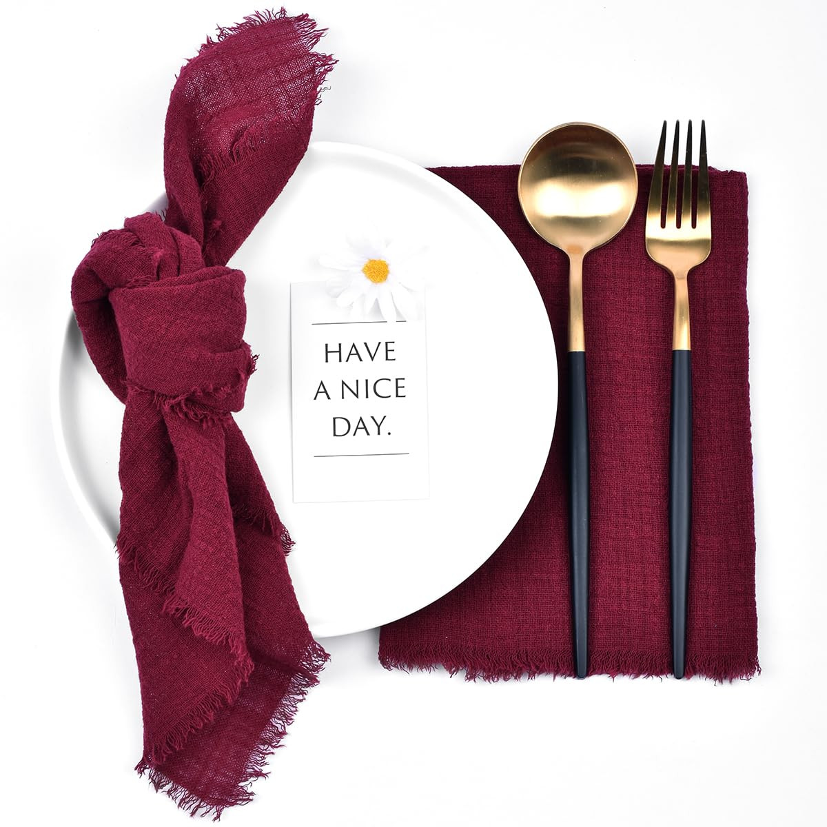 Joanlody 10 Pack Burgundy Handmade Cloth Napkins with Fringe Fall Thanksgiving Cotton Linen Napki... | Amazon (US)