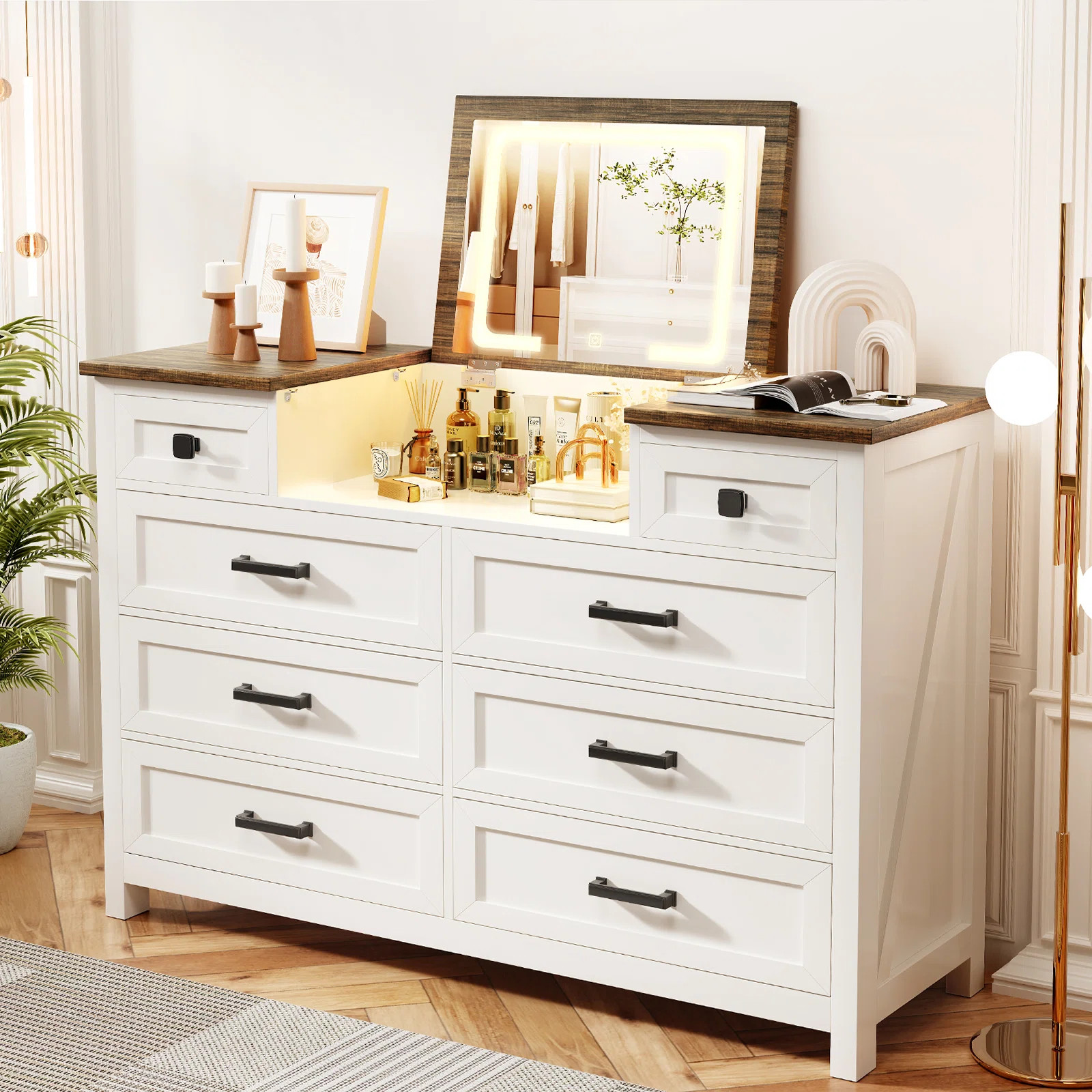 Chest of Drawers for Bedroom, 8 Drawer Dresser with Mirror, White Dresser, Farmhouse Makeup Vanit... | Wayfair North America