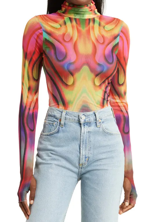 AFRM Zadie Print Mesh Turtleneck in Rouge Metaverse at Nordstrom, Size X-Large | Nordstrom