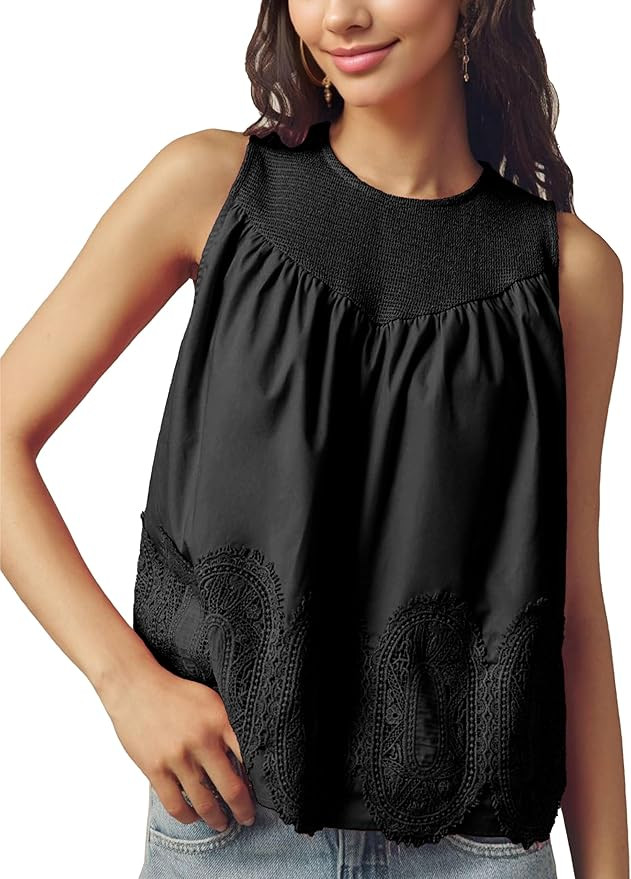 Womens Summer Sleeveless Lace-Detail Blouse Crew Neck Lace Trim Swing Tank Top Poplin Mesh See Th... | Amazon (US)