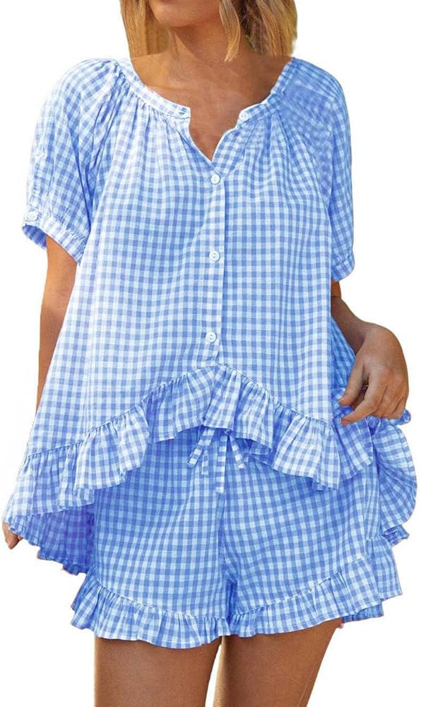 Womens 2 Piece Ruffle Pajama Set Gingham Pjs Short Sleeve Babydoll Shirt and Shorts Plaid Summer ... | Amazon (US)