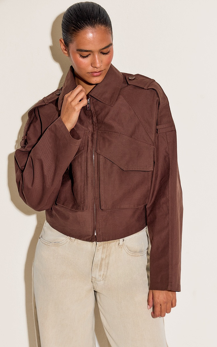 Chocolate Trench Detail Cropped Zip Up Jacket | Outerwear | PrettyLittleThing UK