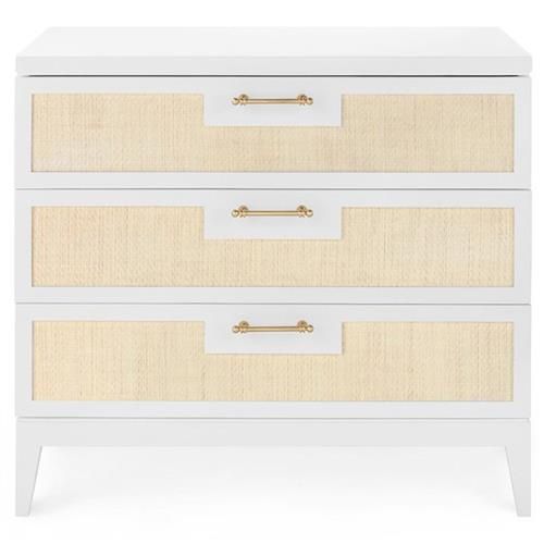 Villa & House Astor Mid Century White Wood Woven Grasscloth Brass Side End Table | Kathy Kuo Home