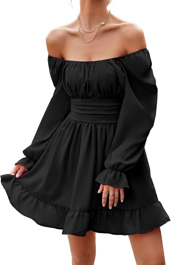 LYANER Women's Square Neck Off The Shoulder Tie Back Elastic Waist Long Sleeve Ruffle Hem Short M... | Amazon (US)