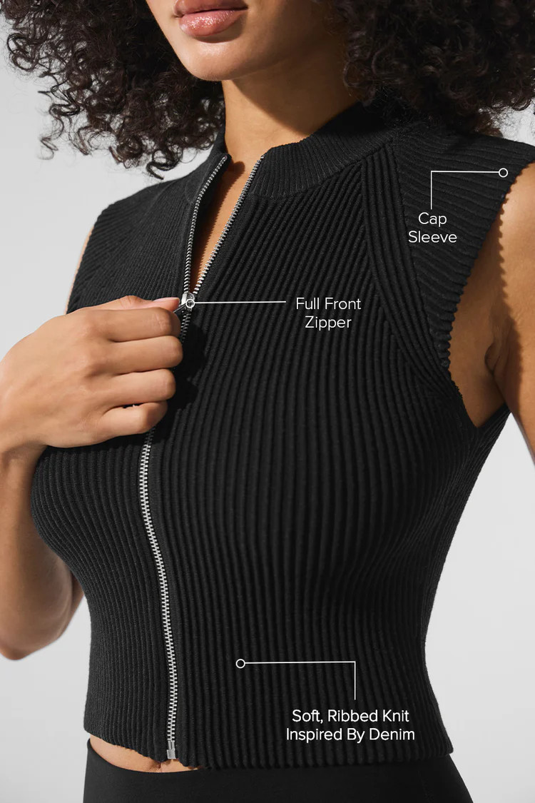 Denim Knit Sleeveless Full Zip Top - Black/Anthracite | Alo Yoga (US)