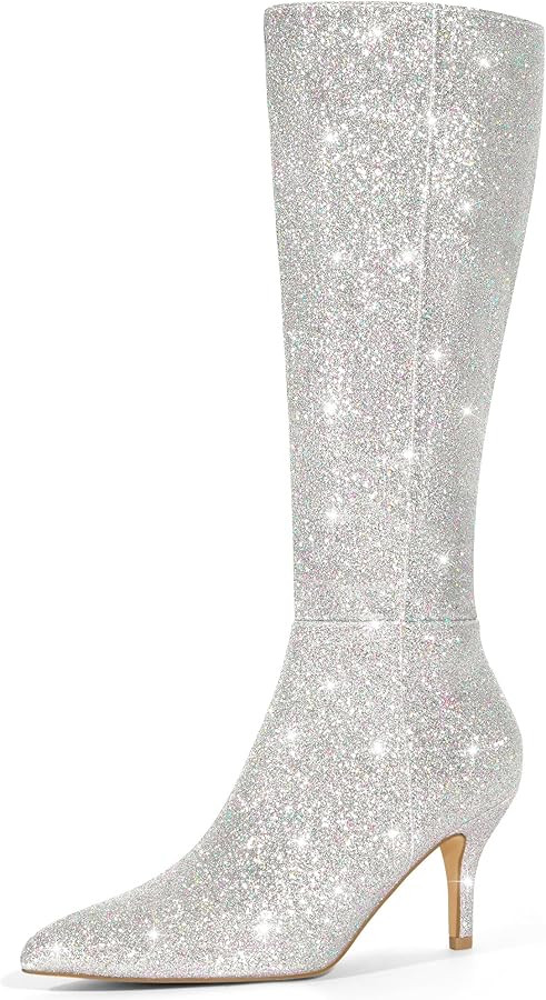 Perphy Glitter Pointed Toe Sparkly Stiletto Heel Knee High Boots for Women | Amazon (US)
