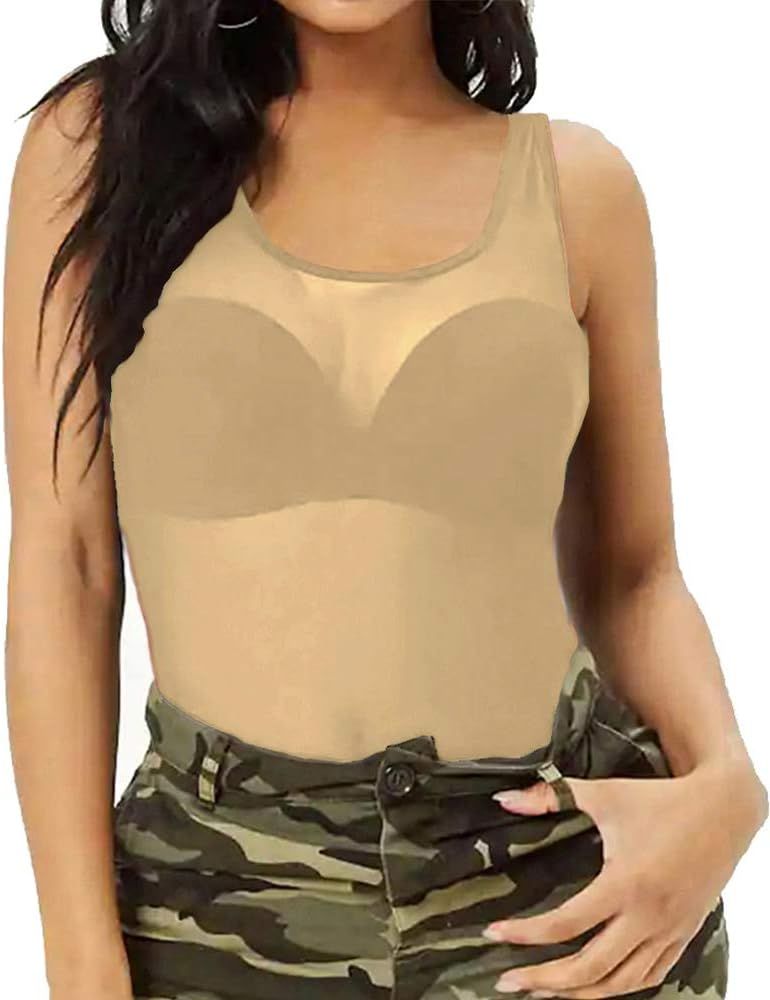 Allchic Womens Sheer Mesh Tank Tops, See Through Scoop Neck Blouses, Sleeveless Sexy Tops | Amazon (US)