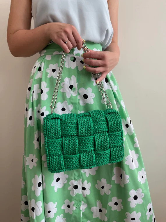 Unique crossbody bag in kelly green color, braided flap, clutch for elegant woman, pantone colors... | Etsy (US)