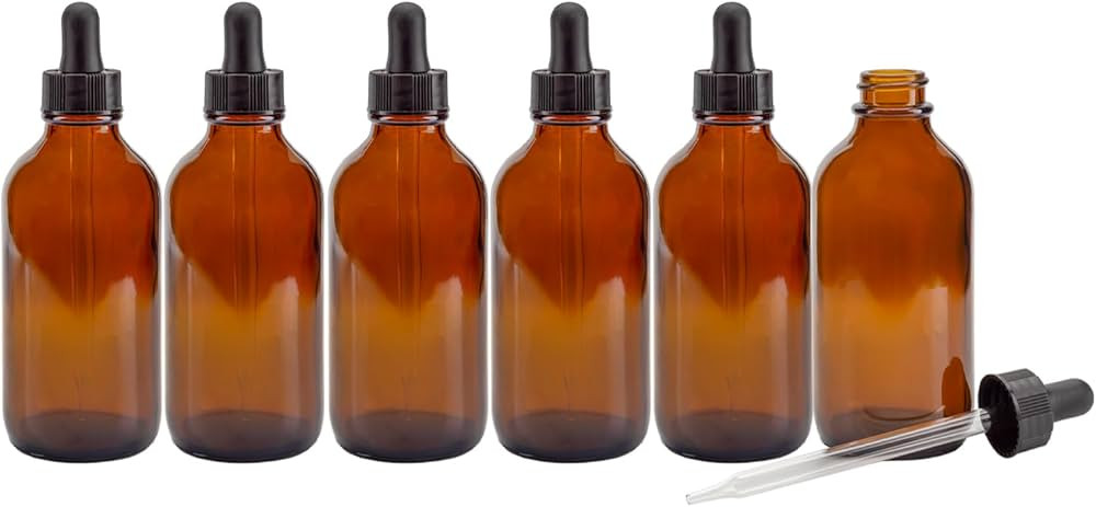 4oz Amber Glass Dropper Bottles (6-Pack), Refillable Glass Bottles for Essential Oils, Cosmetics,... | Amazon (US)