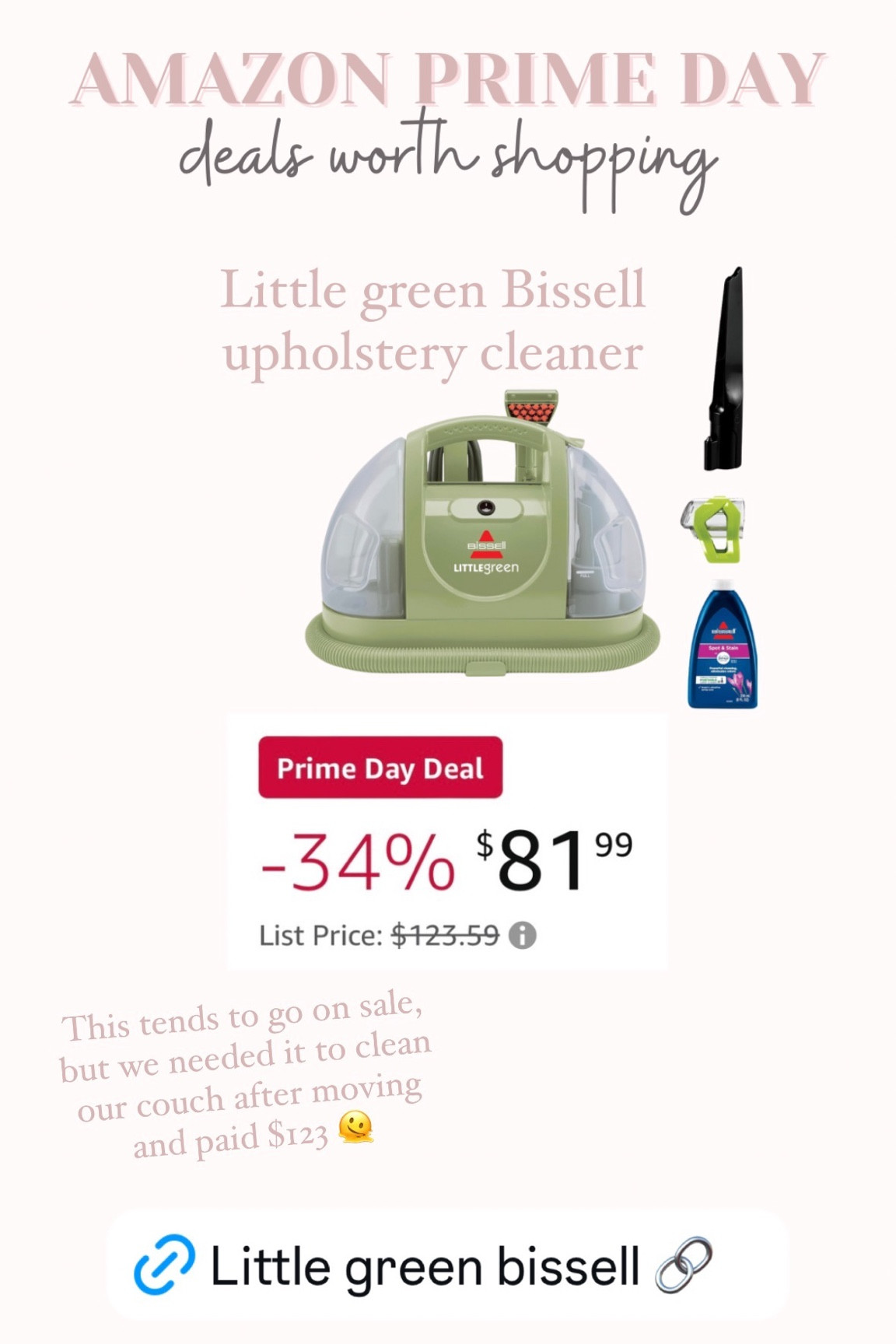 Little green Bissell upholstery cleaner

Cleaning hacks, home cleaning tools, Bissell vacuum, amazon prime day deals, amazon daily deals

#LTKFindsUnder100 #LTKHome #LTKFamily