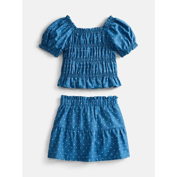 Wonder Nation Toddler Girls Puff Sleeve Cotton Top and Skirt Set, 2 Piece, Sizes 12M- 5T | Walmart (US)
