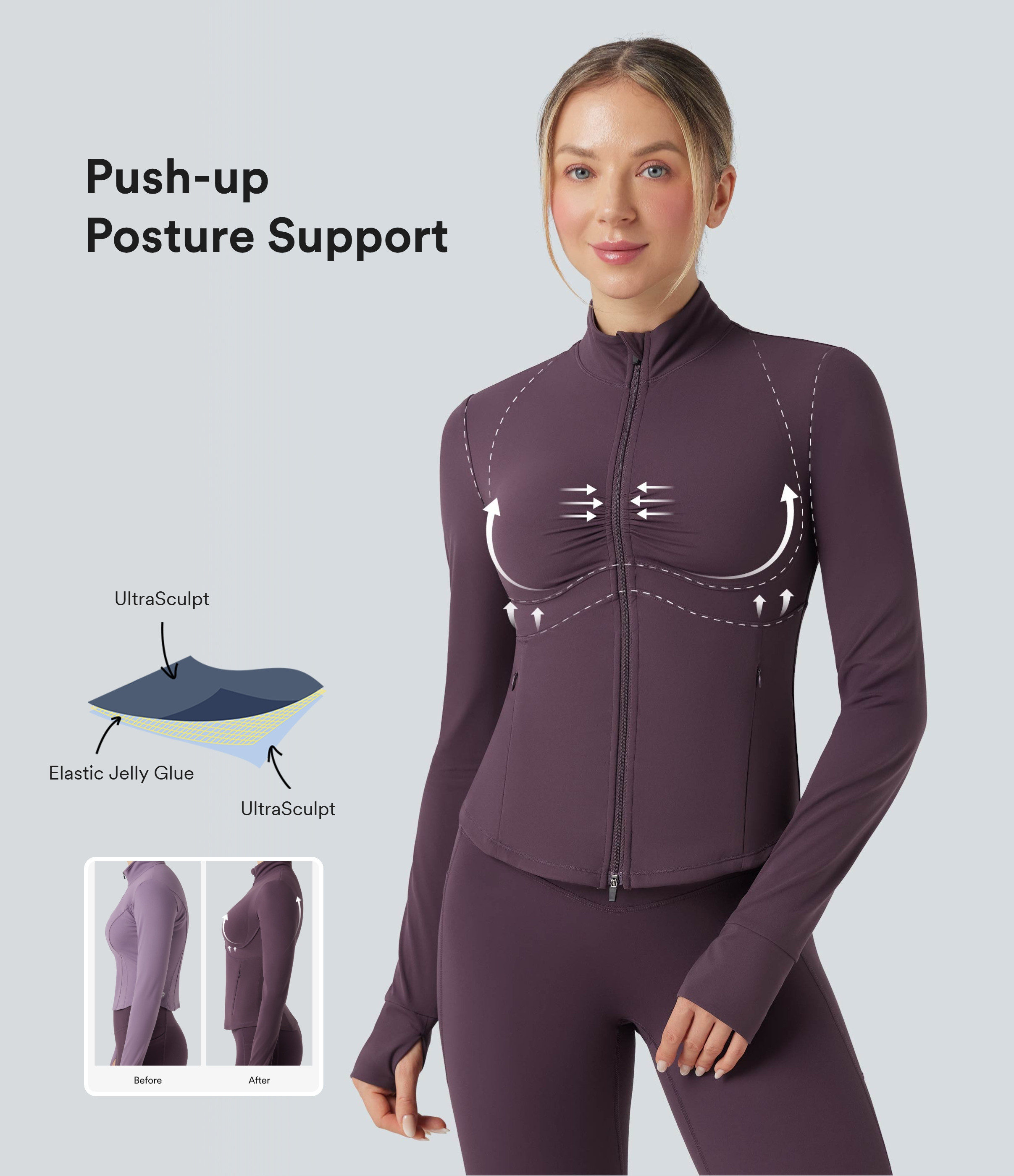 Halara Halara UltraSculpt™ Mock Neck Ruched Push-Up Long Sleeve Thumb Hole Yoga Jacket with Pockets - Night's Purple - S | HALARA