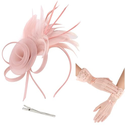 Moikolok Pink Fascinators Headband and Mesh Gloves Short Tea Party Hats for Women, Feather Hair Clip for Wedding Cocktail Dresses Accessories | Amazon (US)