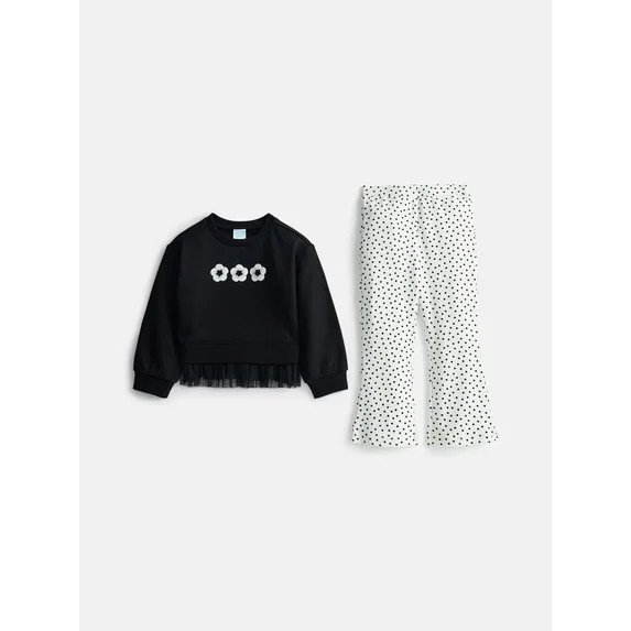 Wonder Nation Toddler Girls Crewneck and Flare Leggings, 2-Piece,Outfit Set, Sizes 12M-5T | Walmart (US)