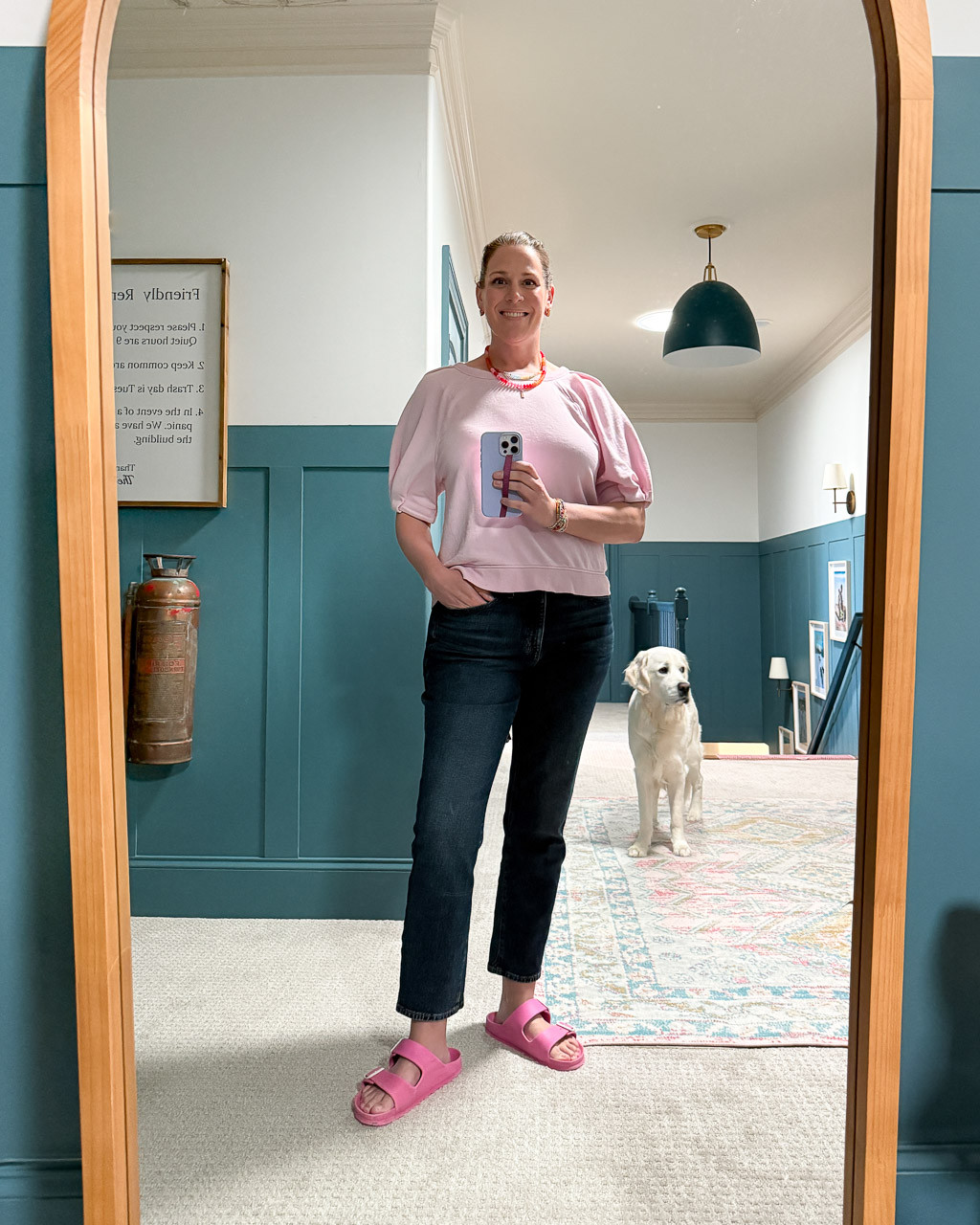 This short-sleeved sweatshirt with the pleated sleeve detail is SO GOOD. And it's only $18 right now. Also comes in blue. I would say it is true to size. I've had these Birkenstocks for years and still love them--I've linked a cheaper option too. And these jeans have been a staple of mine for a while. Also TTS. I've linked my colorful jewelry for you as well. 

 #LTKOver40 #LTKSaleAlert #LTKMidsize