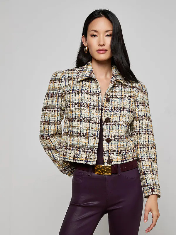 Kasey Sequined Tweed Jacket in Multi Tweed With Gold Sequins | L'AGENCE | L'Agence