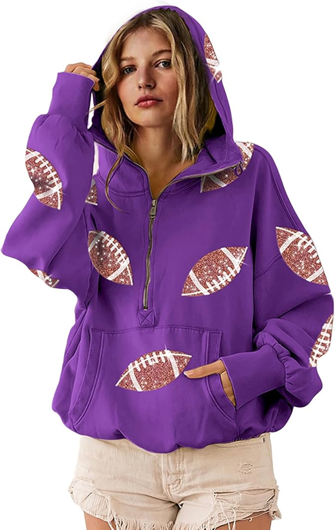 SeekMe Womens Game Day Sweatshirts Football Sequin Hoodies Tailgate Outfits Long Sleeve Zipper Sw... | Amazon (US)